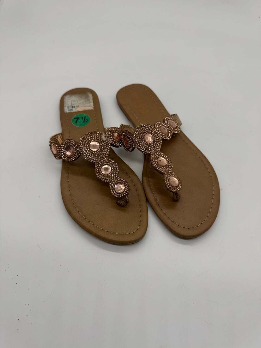 Flat Sandals Size 7.5 Rose Gold Rhinestone T-Strap